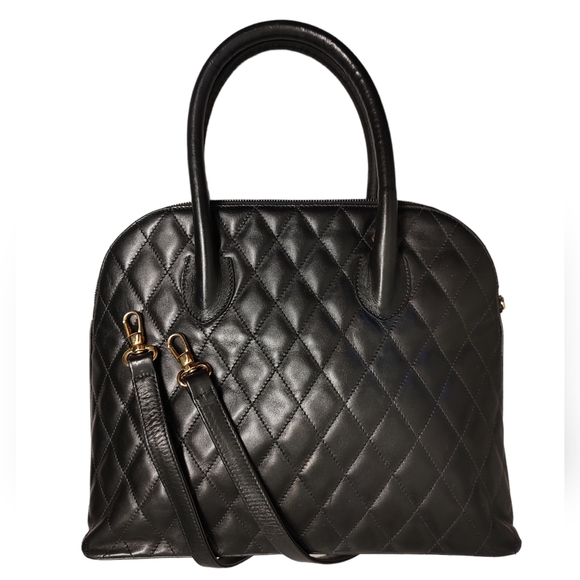 Neiman Marcus Handbags - NEIMAN MARCUS Vintage Quilted Leather Domed Tote Satchel Shoulder Bag Black RARE